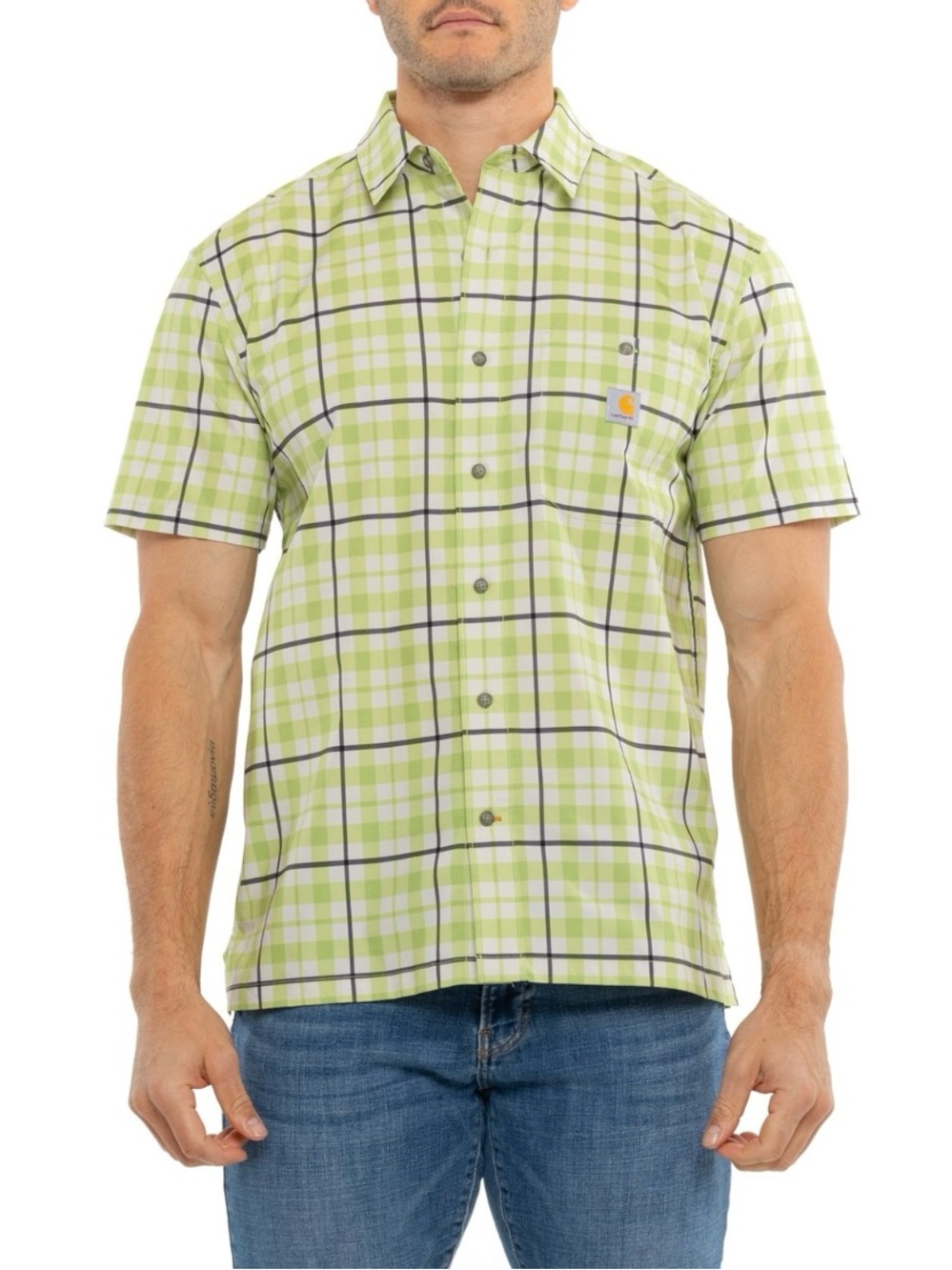 Carhartt Green Plaid Short-Sleeve Button-Down Shirt Force Sun Defender 2XL
